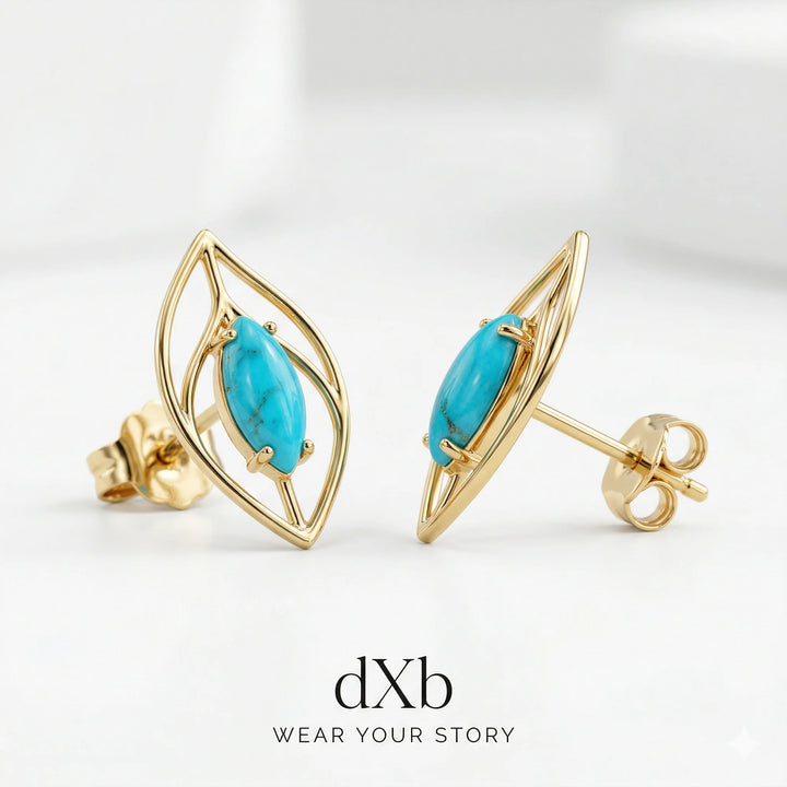 14k yellow gold turquoise marquise leaf motif earring