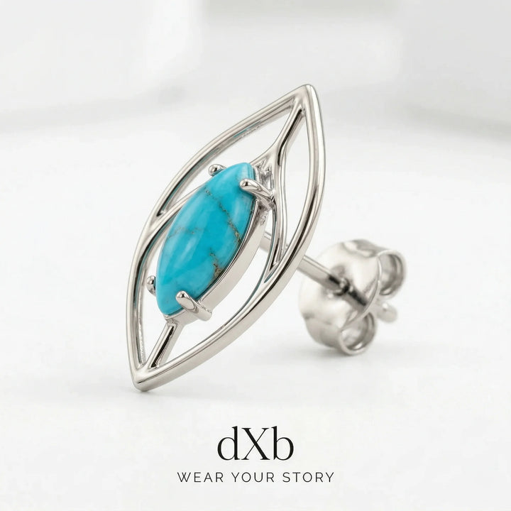 platinum turquoise marquise leaf motif earring