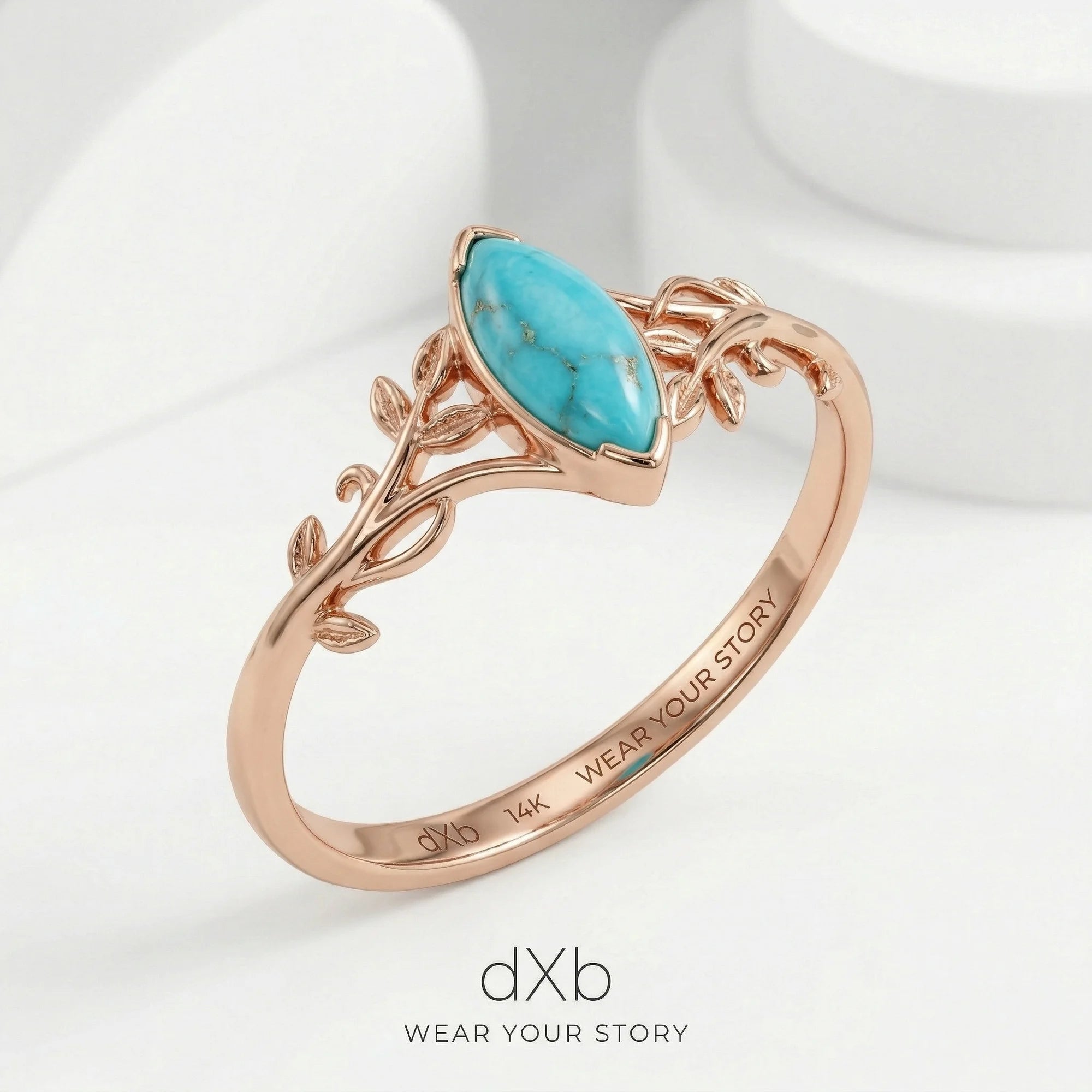 14k rose gold Turquoise Marquise Nature-inspired, Leaf, Vine ring