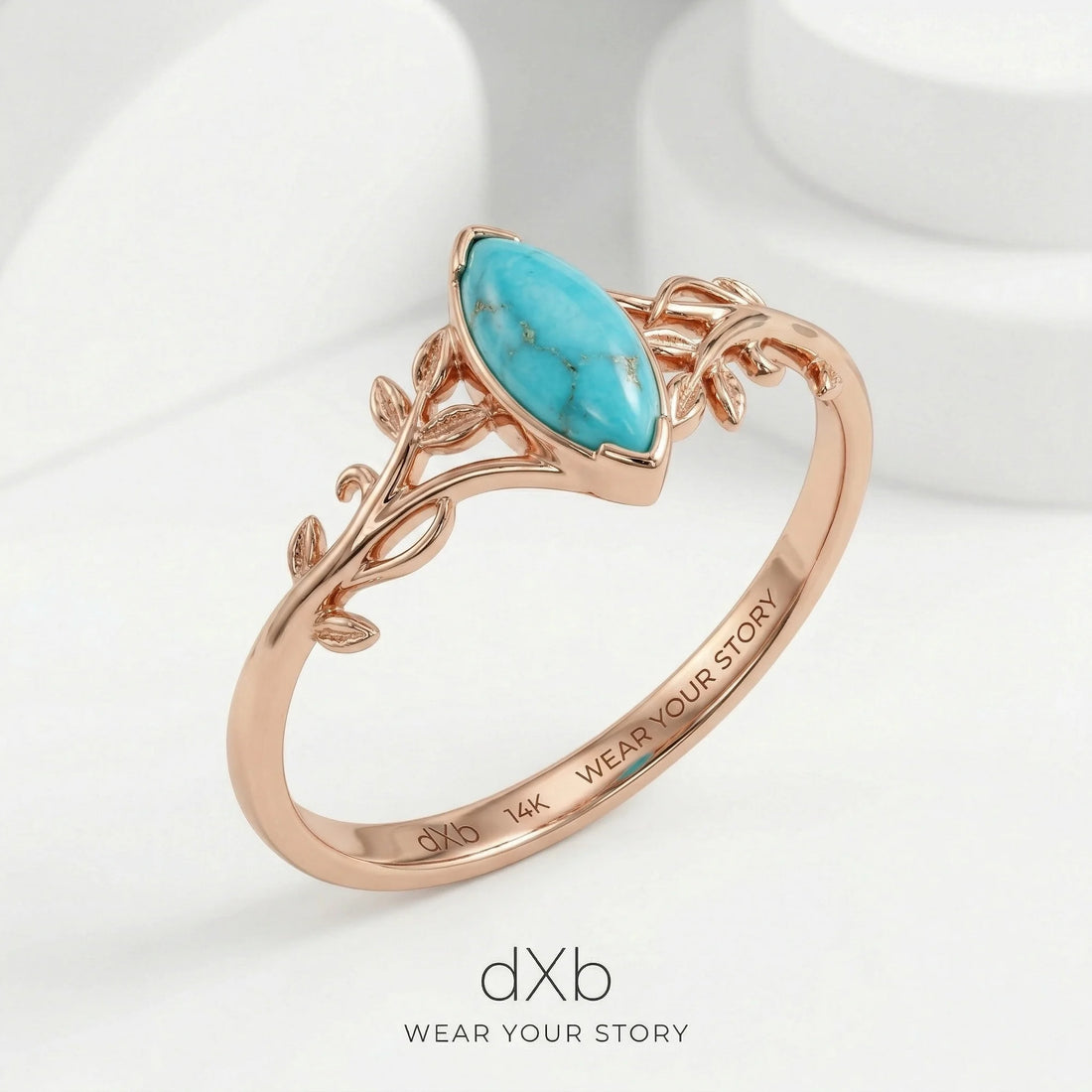 14k rose gold Turquoise Marquise Nature-inspired, Leaf, Vine ring