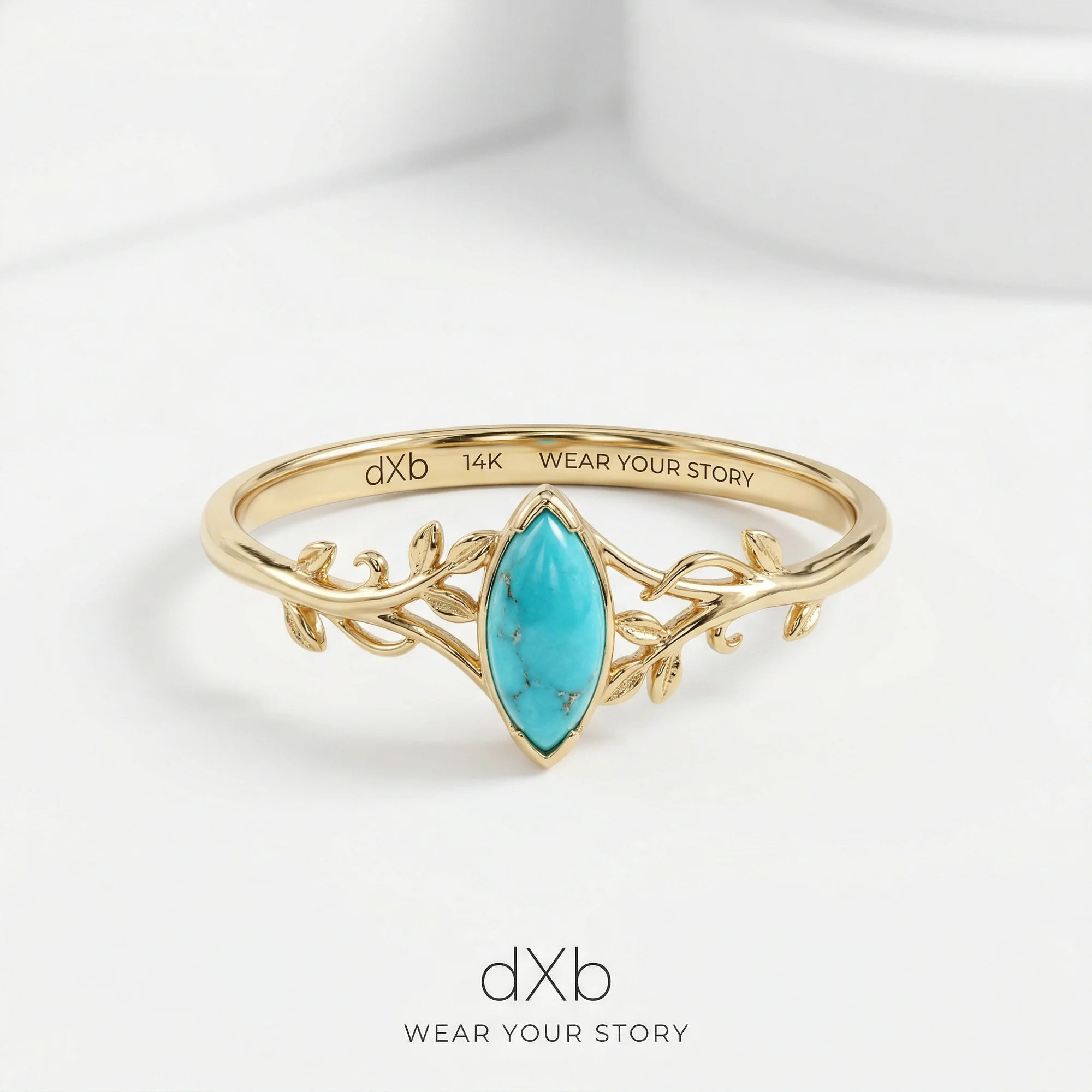 14k yellow gold Turquoise Marquise Nature-inspired, Leaf, Vine ring