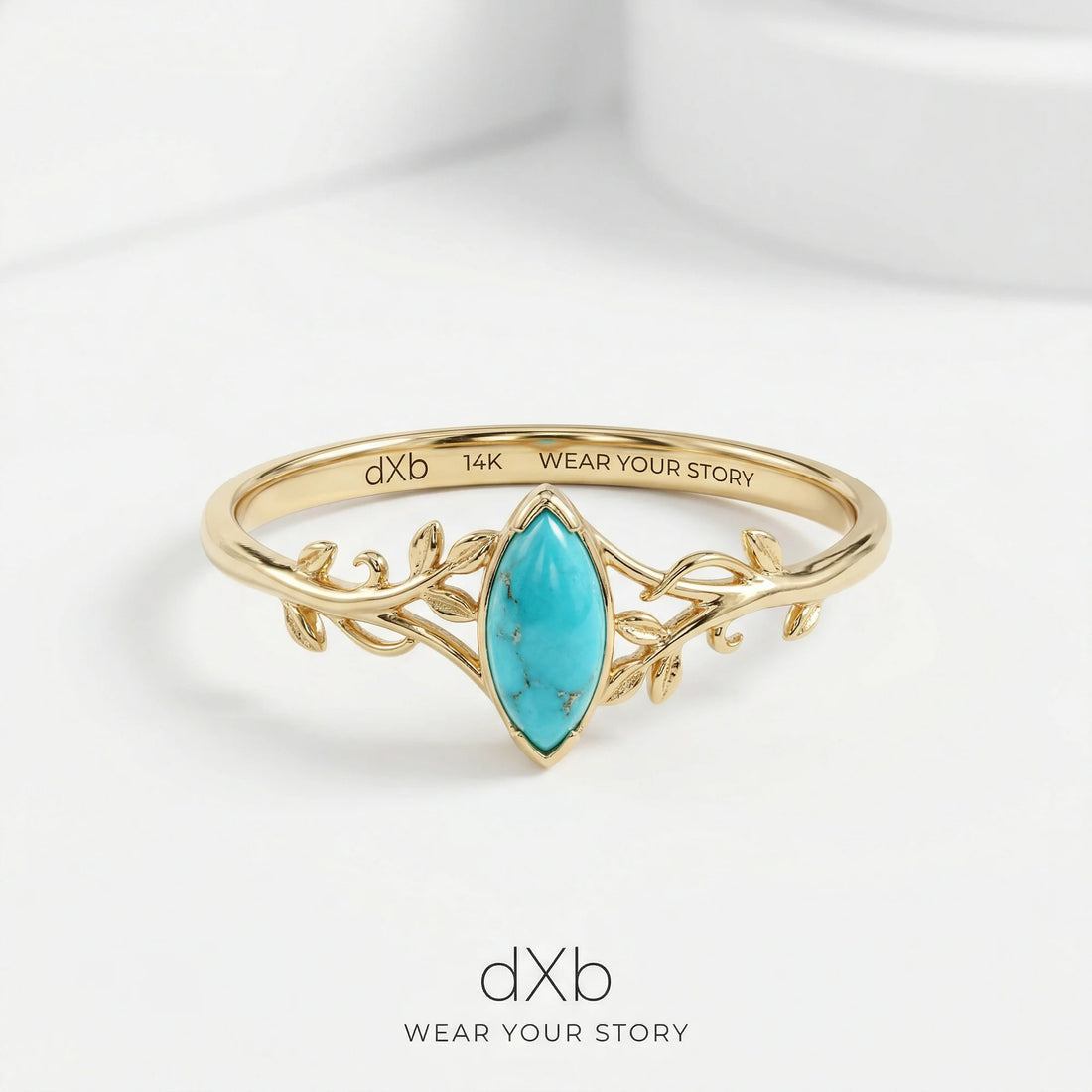 14k yellow gold Turquoise Marquise Nature-inspired, Leaf, Vine ring