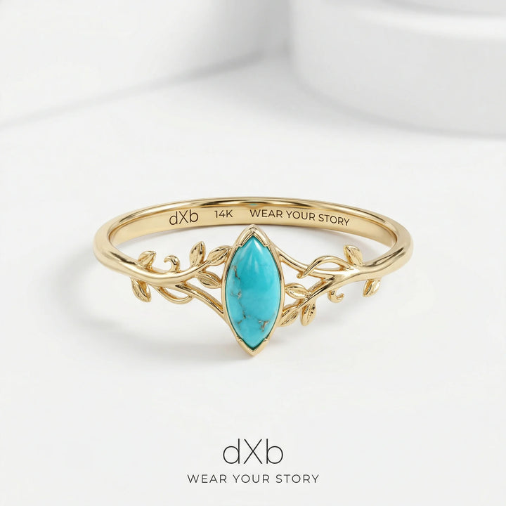 14k yellow gold Turquoise Marquise Nature-inspired, Leaf, Vine ring