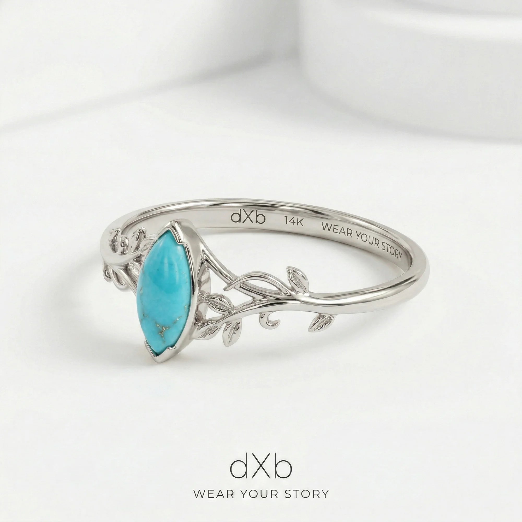 platinum Turquoise Marquise Nature-inspired, Leaf, Vine ring