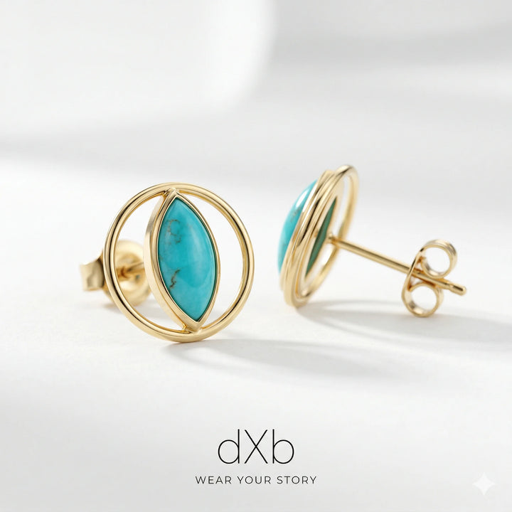 14k yellow gold turquoise marquise Open Circle Geometric earring