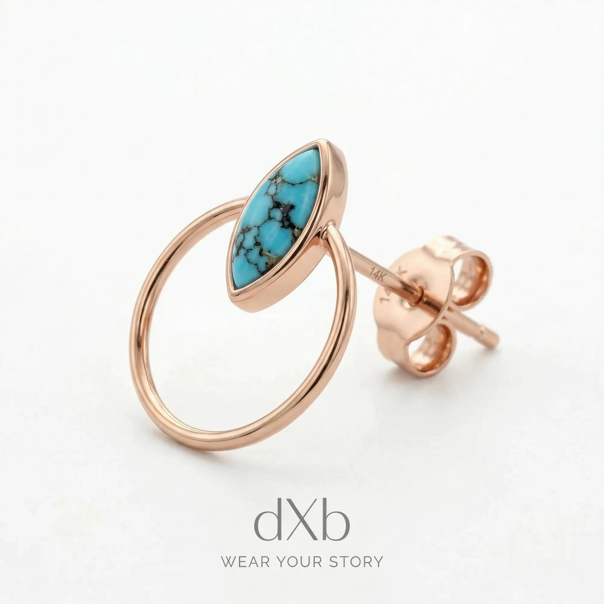 14k rose gold turquoise marquise modern open hoop stud earring