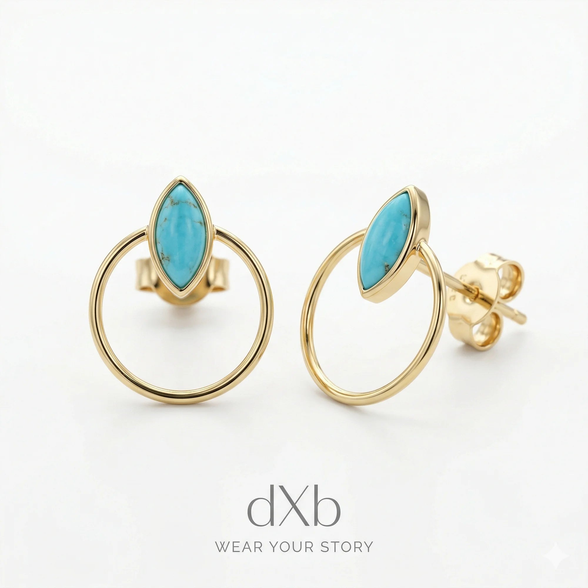 14k yellow gold turquoise marquise modern open hoop stud earring