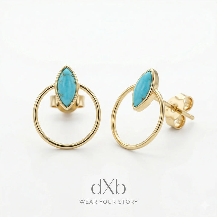 14k yellow gold turquoise marquise modern open hoop stud earring