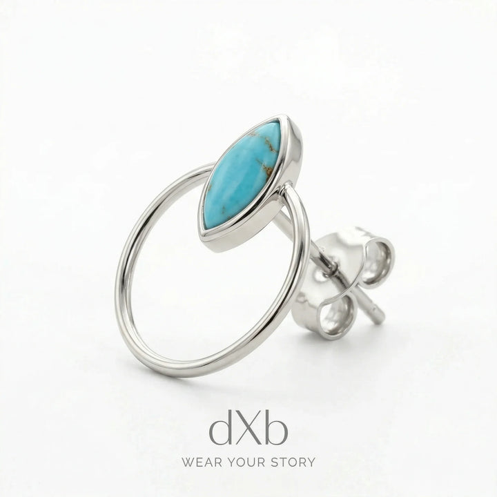 platinum turquoise marquise modern open hoop stud earring