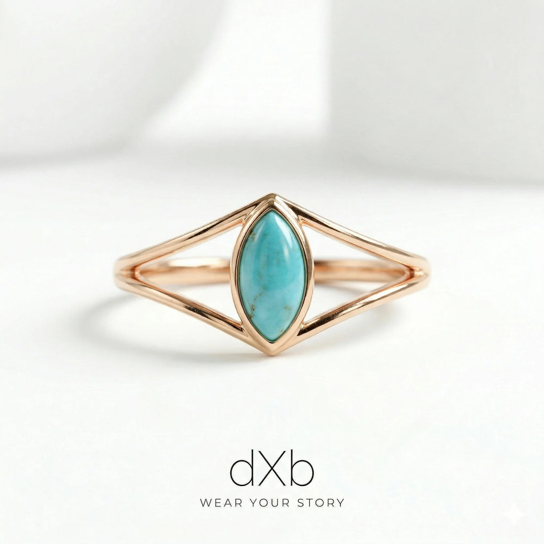 14k rose gold turquoise marquise minimalist, geometric, split shank ring