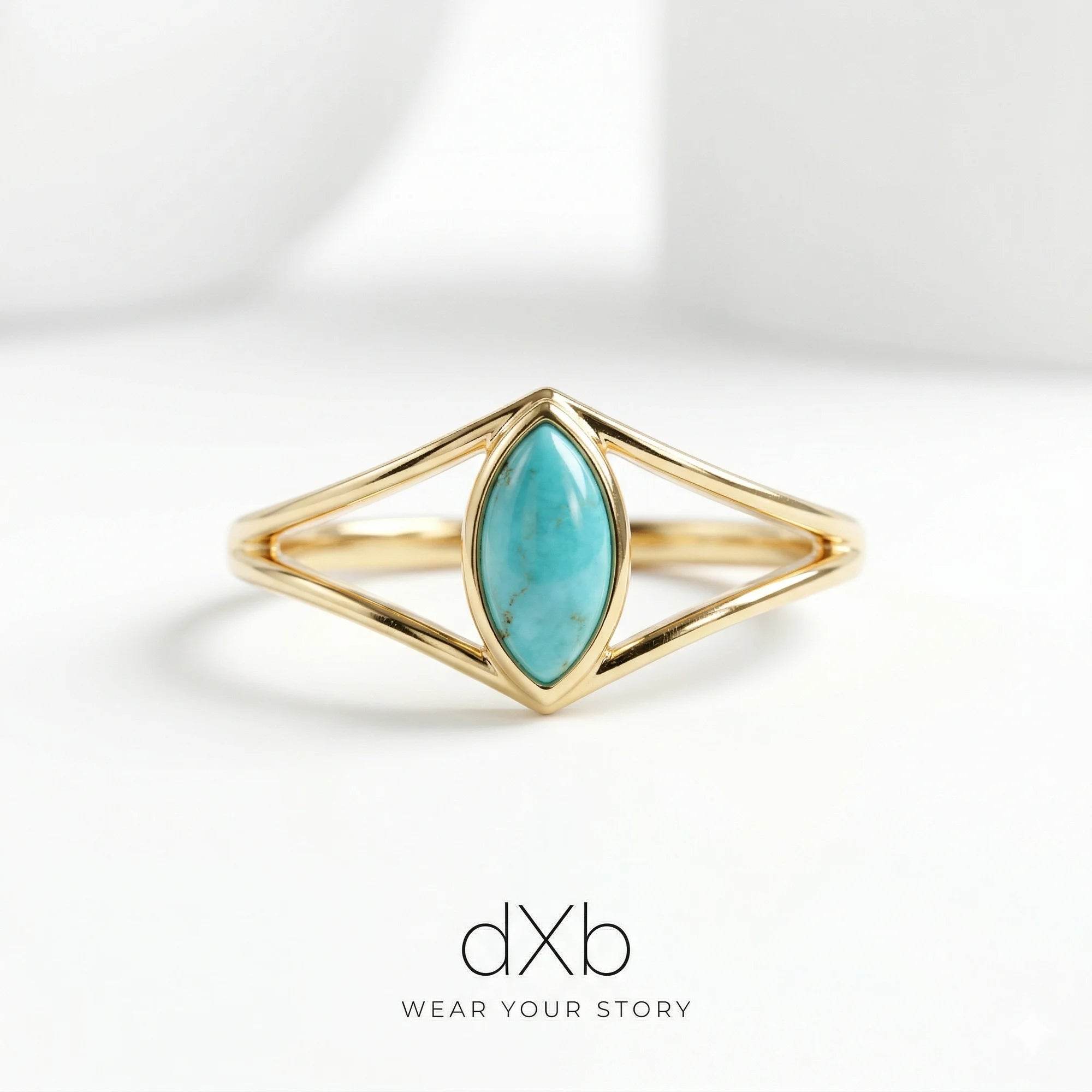14k yellow gold turquoise marquise minimalist, geometric, split shank ring