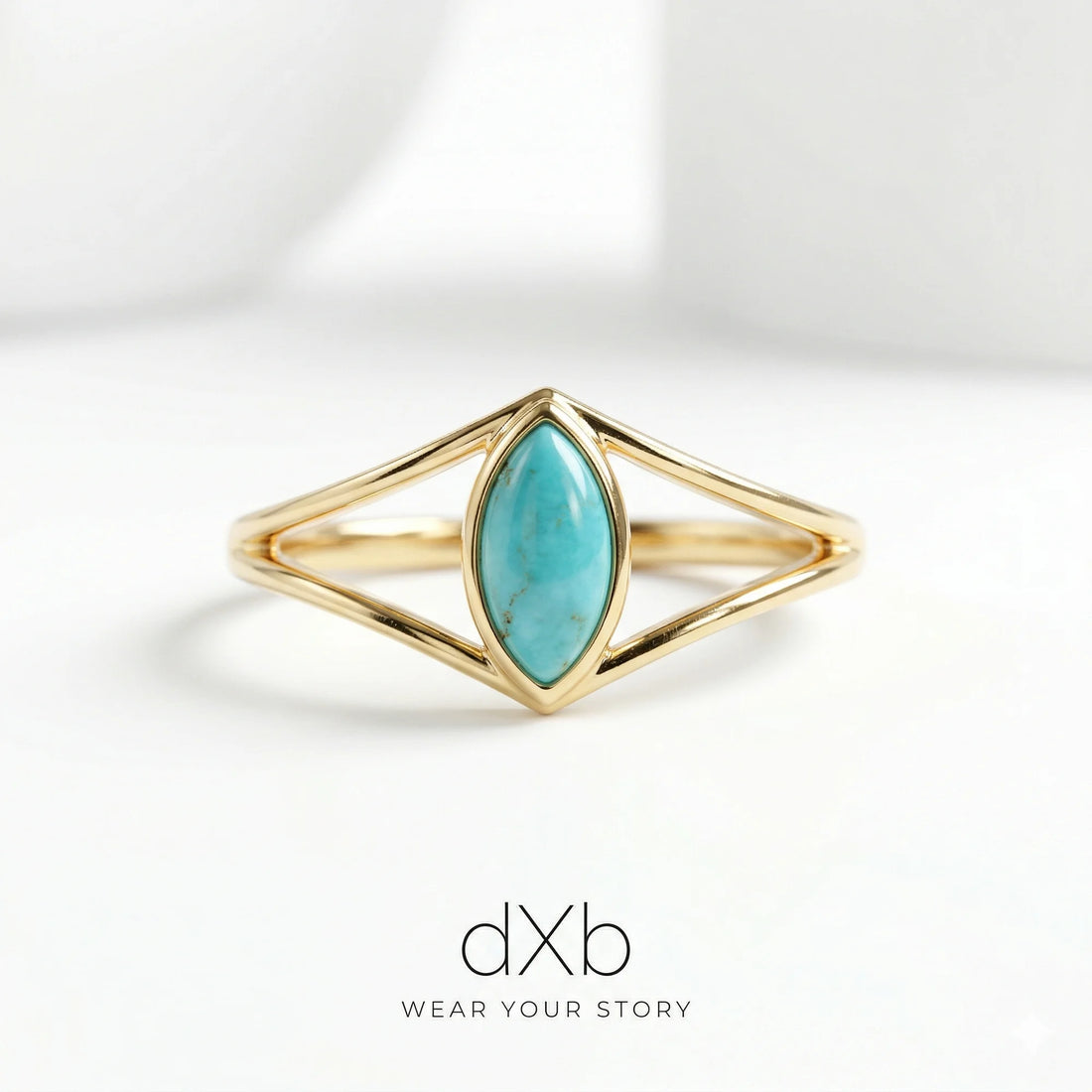 14k yellow gold turquoise marquise minimalist, geometric, split shank ring