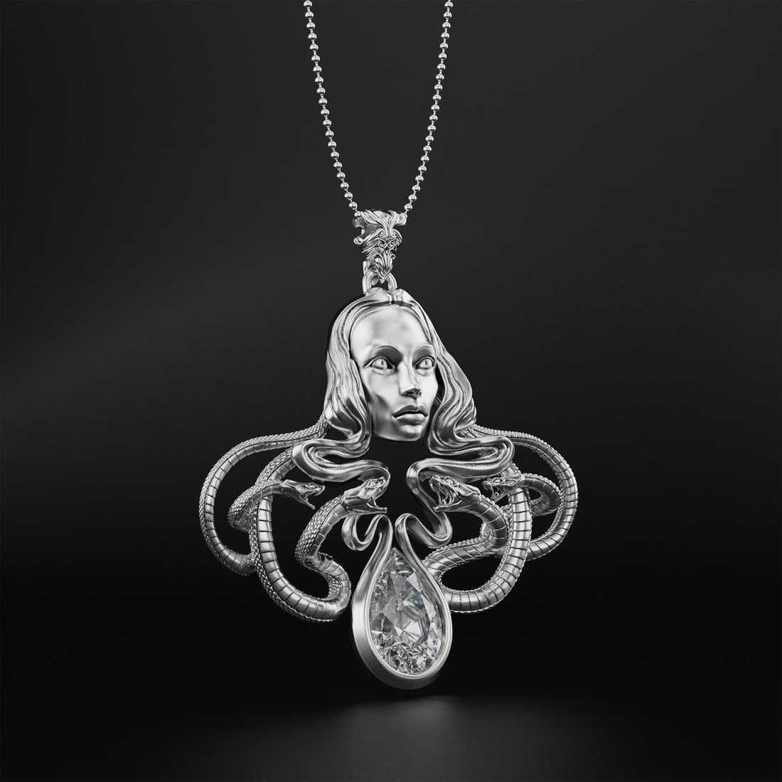 Medusa Statement Necklace with Pear-Shaped Stone - Feminist Symbol, Greek Art, and Luxury Jewelry