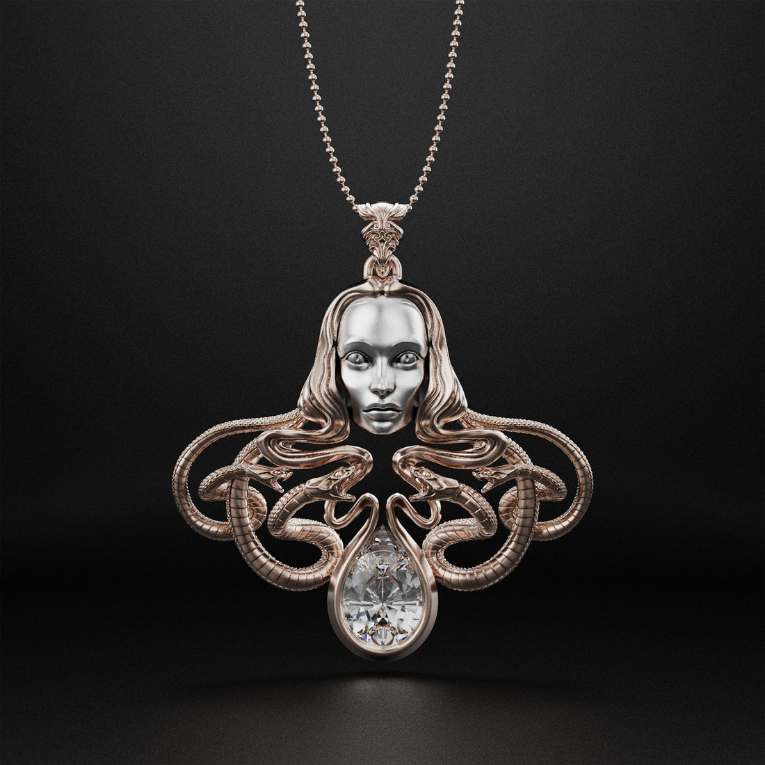 Medusa Statement Necklace with Pear-Shaped Stone - Feminist Symbol, Greek Art, and Luxury Jewelry