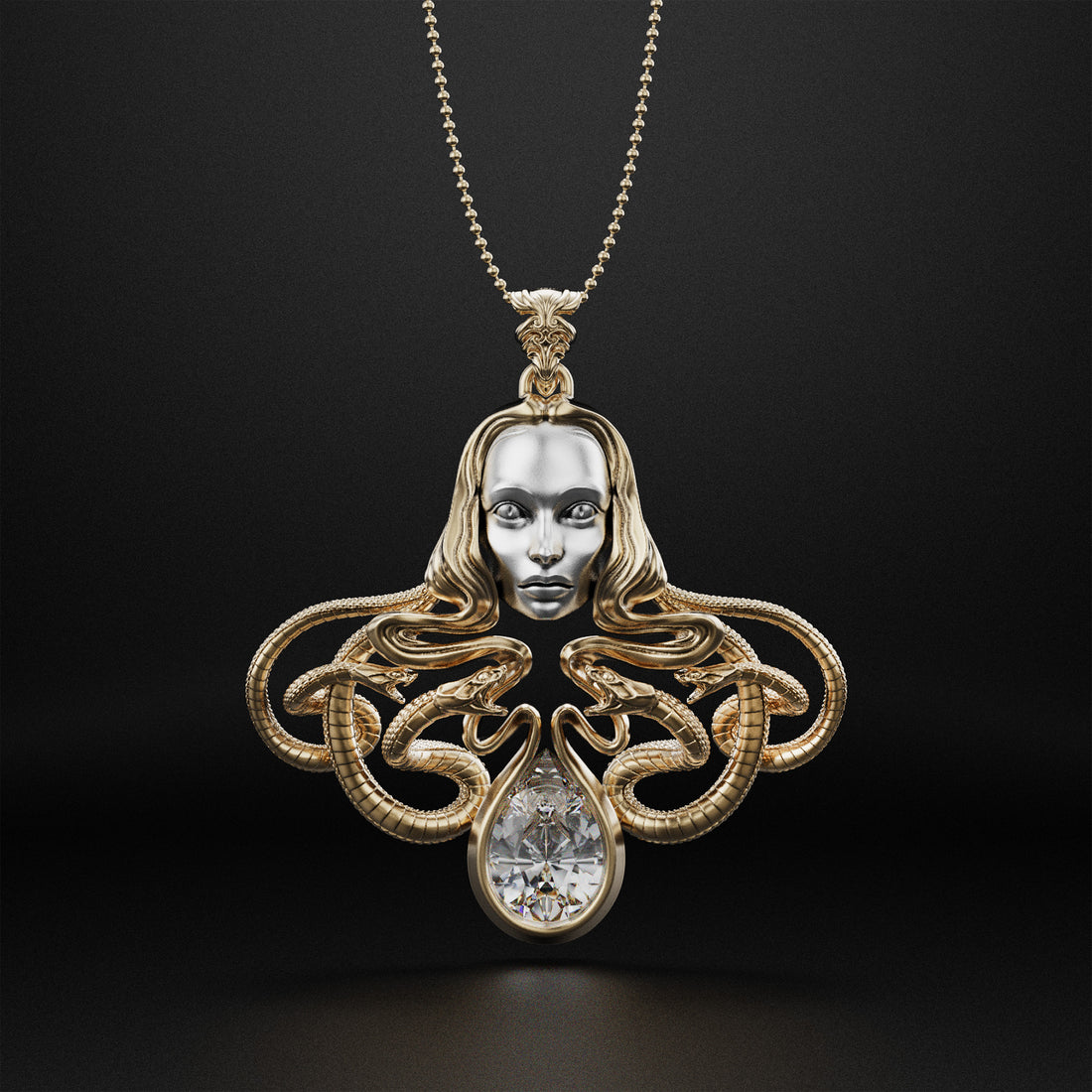 Medusa Statement Necklace with Pear-Shaped Stone - Feminist Symbol, Greek Art, and Luxury Jewelry