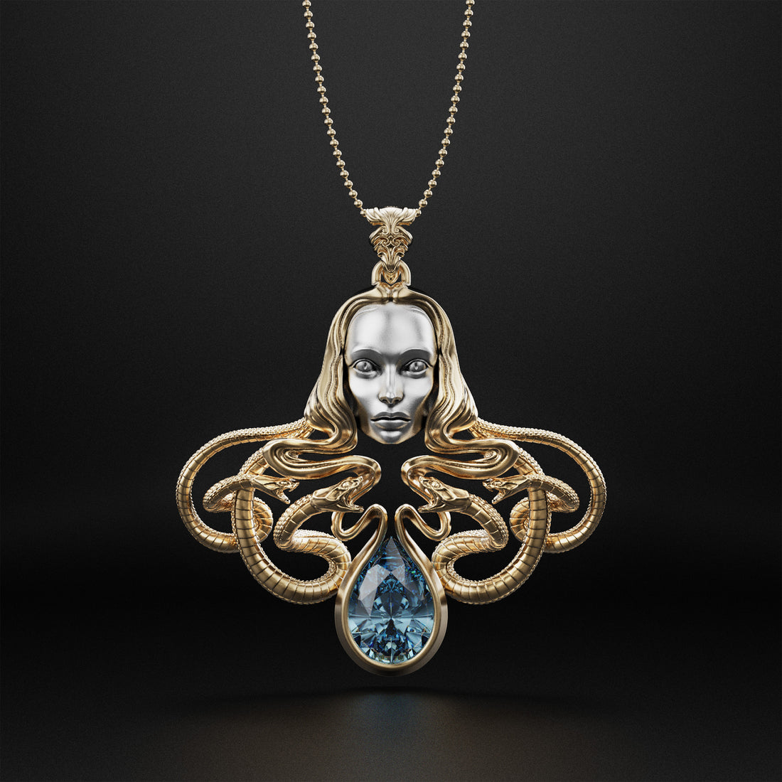 Medusa Statement Necklace with Pear-Shaped Stone - Feminist Symbol, Greek Art, and Luxury Jewelry