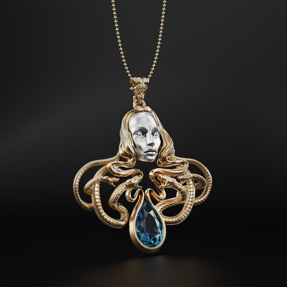 Medusa Statement Necklace with Pear-Shaped Stone - Feminist Symbol, Greek Art, and Luxury Jewelry