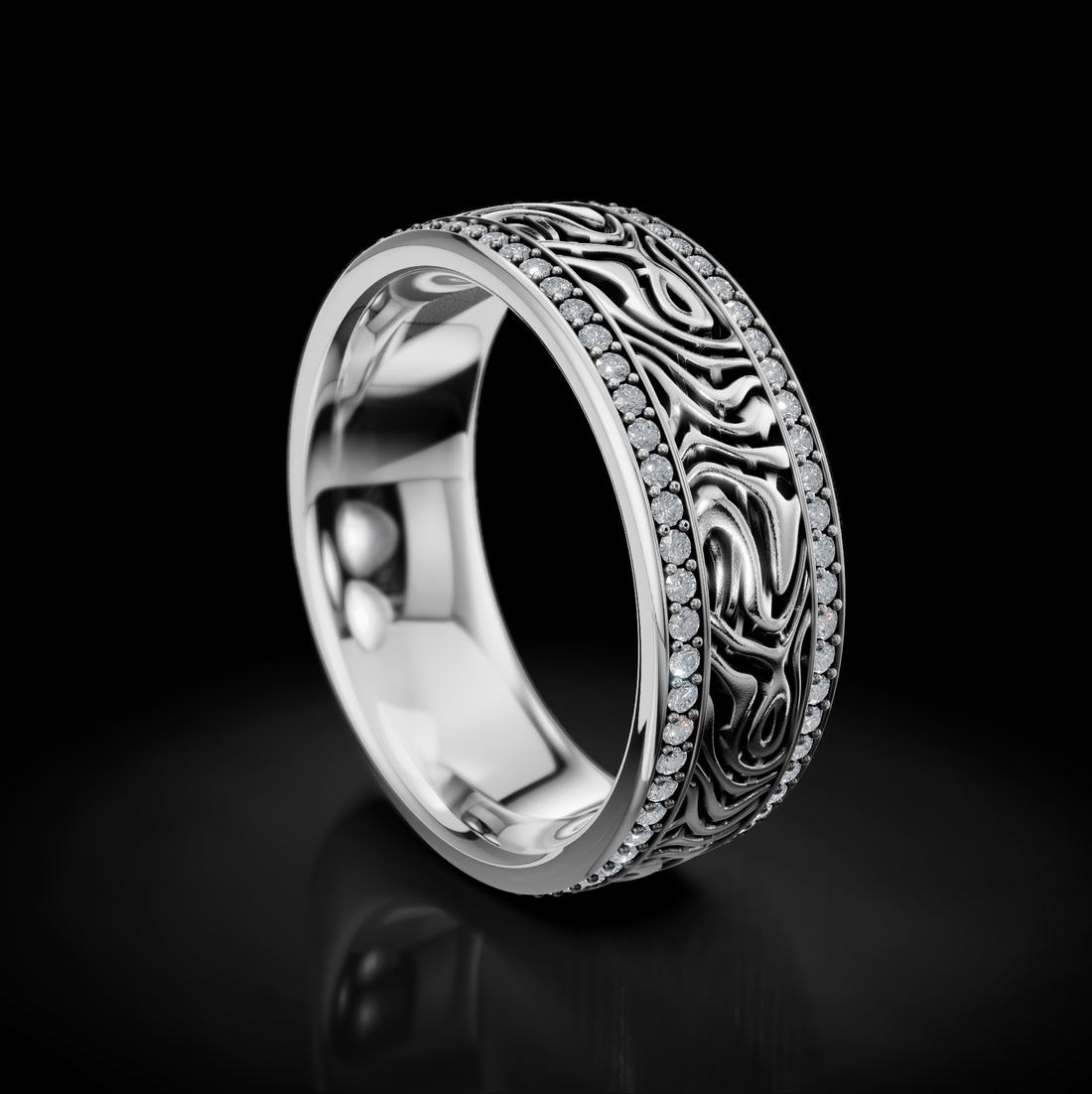 Exquisite Damascus Texture Wedding Band with 2 Raw Diamonds