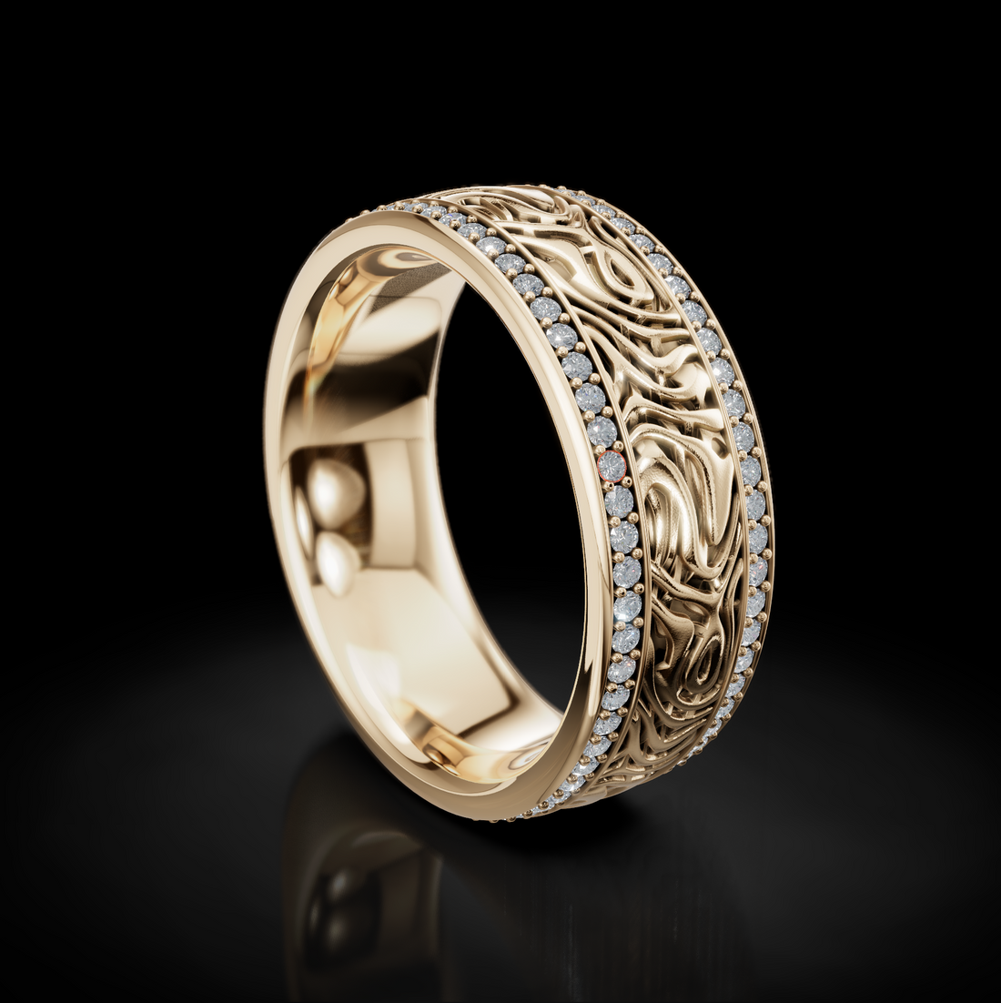 Exquisite Damascus Texture Wedding Band with 2 Raw Diamonds