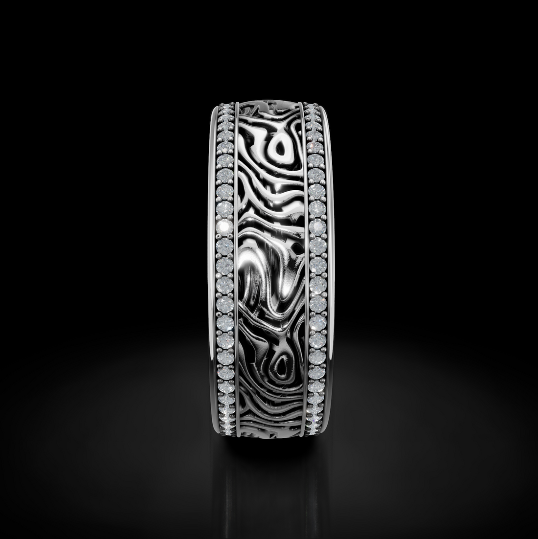 Exquisite Damascus Texture Wedding Band with 2 Raw Diamonds