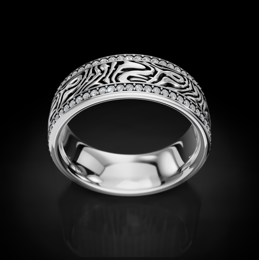 Exquisite Damascus Texture Wedding Band with 2 Raw Diamonds