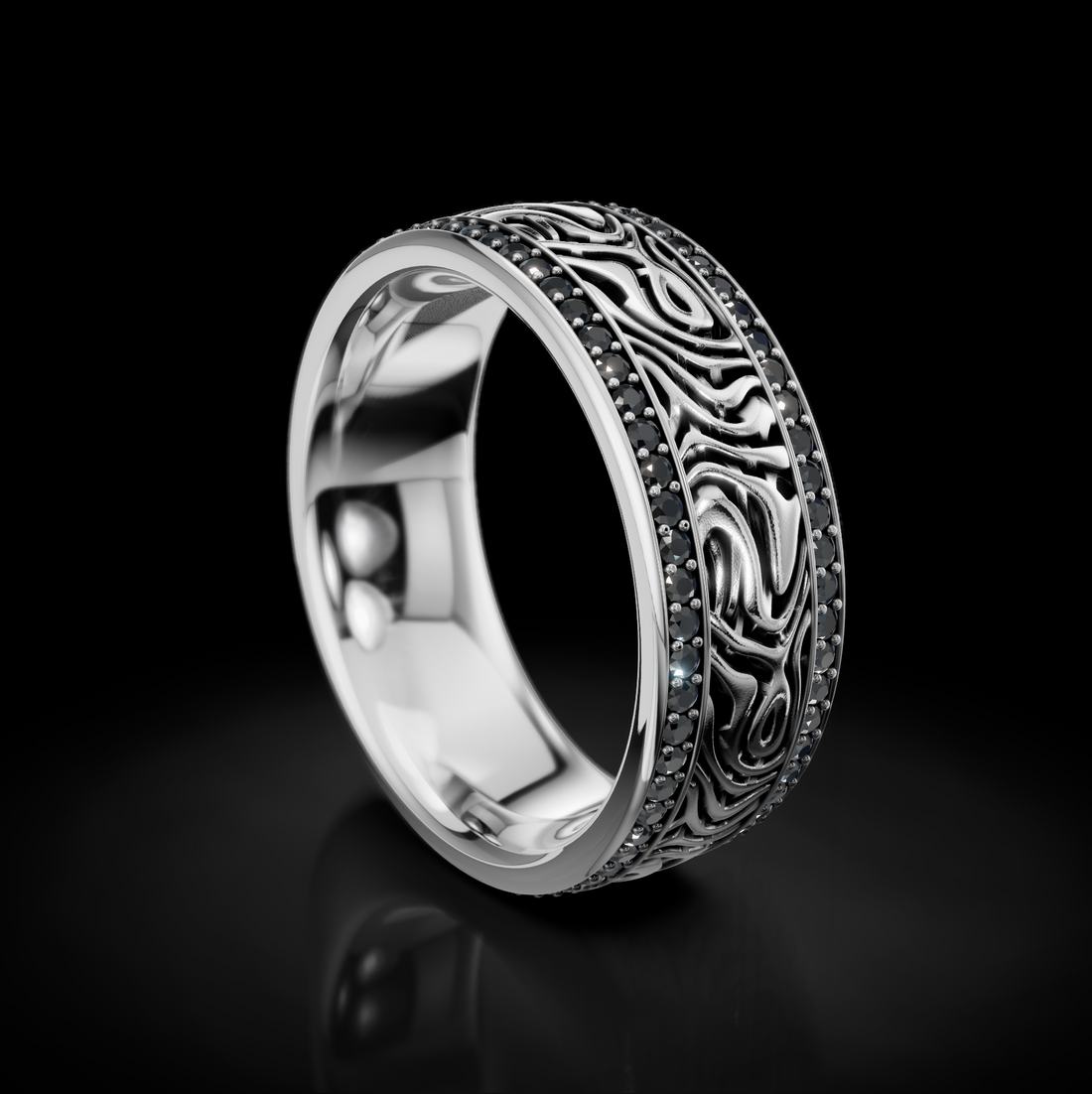 Exquisite Damascus Texture Wedding Band with 2 Raw Diamonds