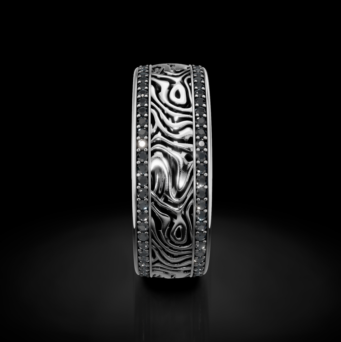 Exquisite Damascus Texture Wedding Band with 2 Raw Diamonds