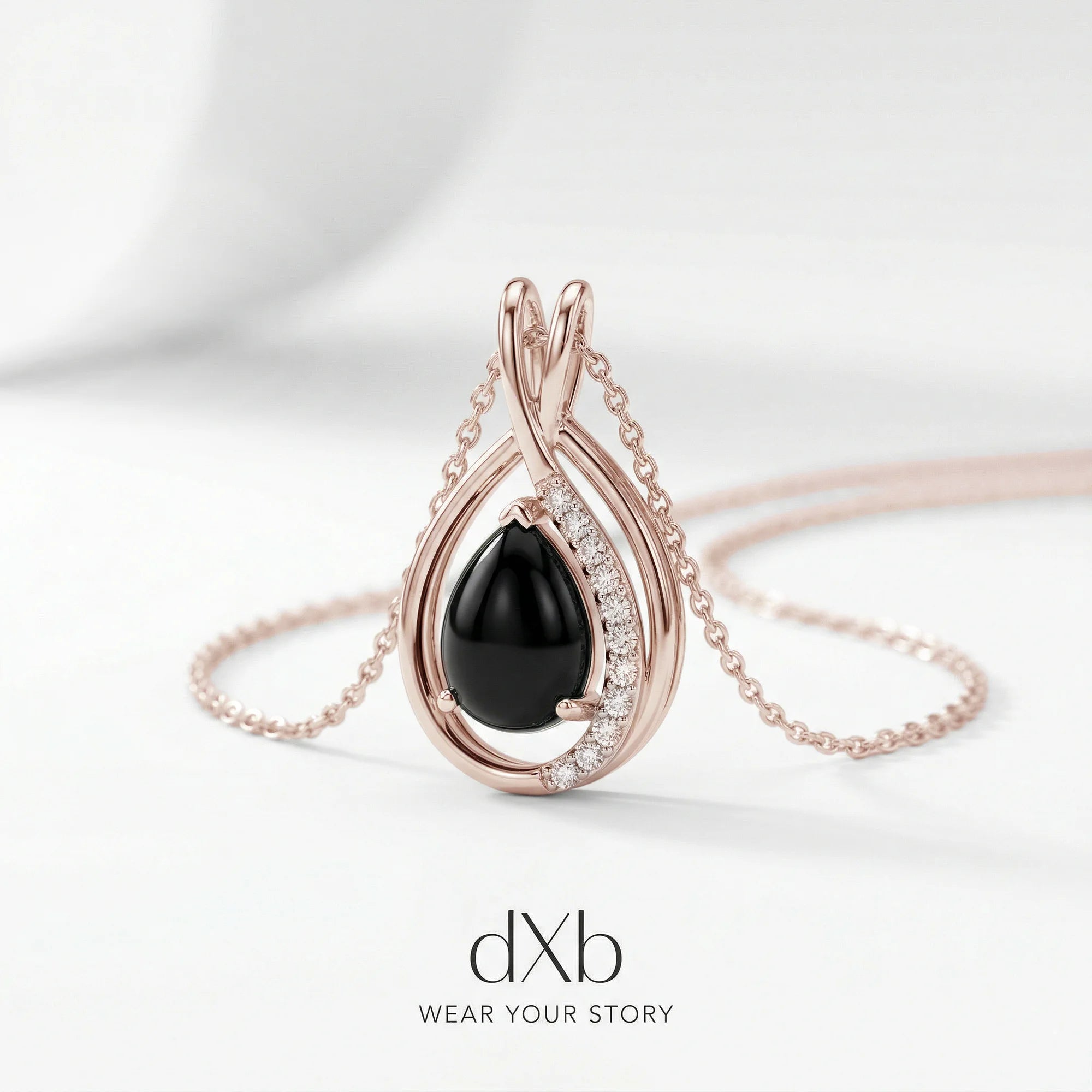 14k rose gold black onyx pear modern teardrop swirl pendant
