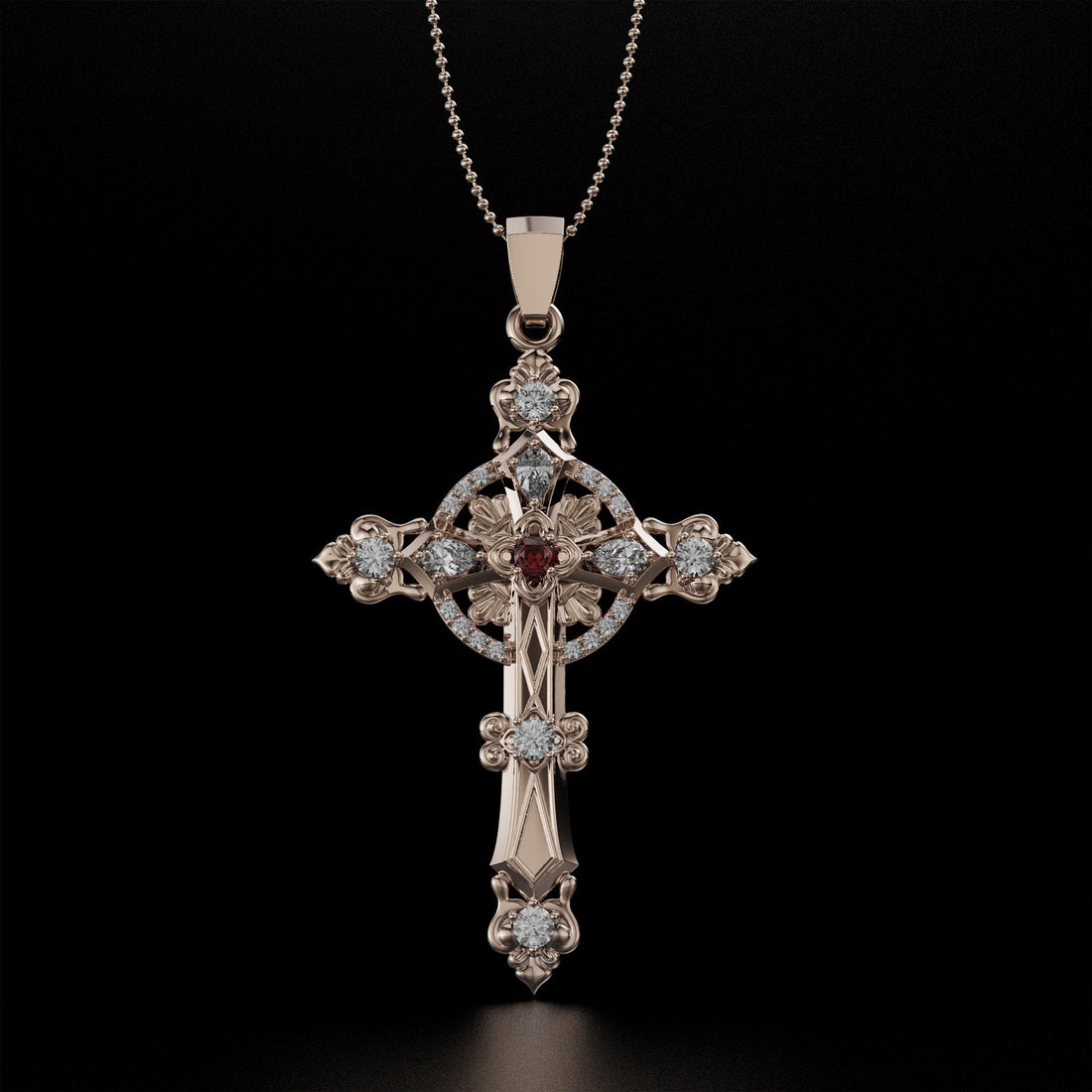 Ornate Cross Necklace with Diamonds and Central Ruby in Gold and Platinum, Zirconium Stones in Silver