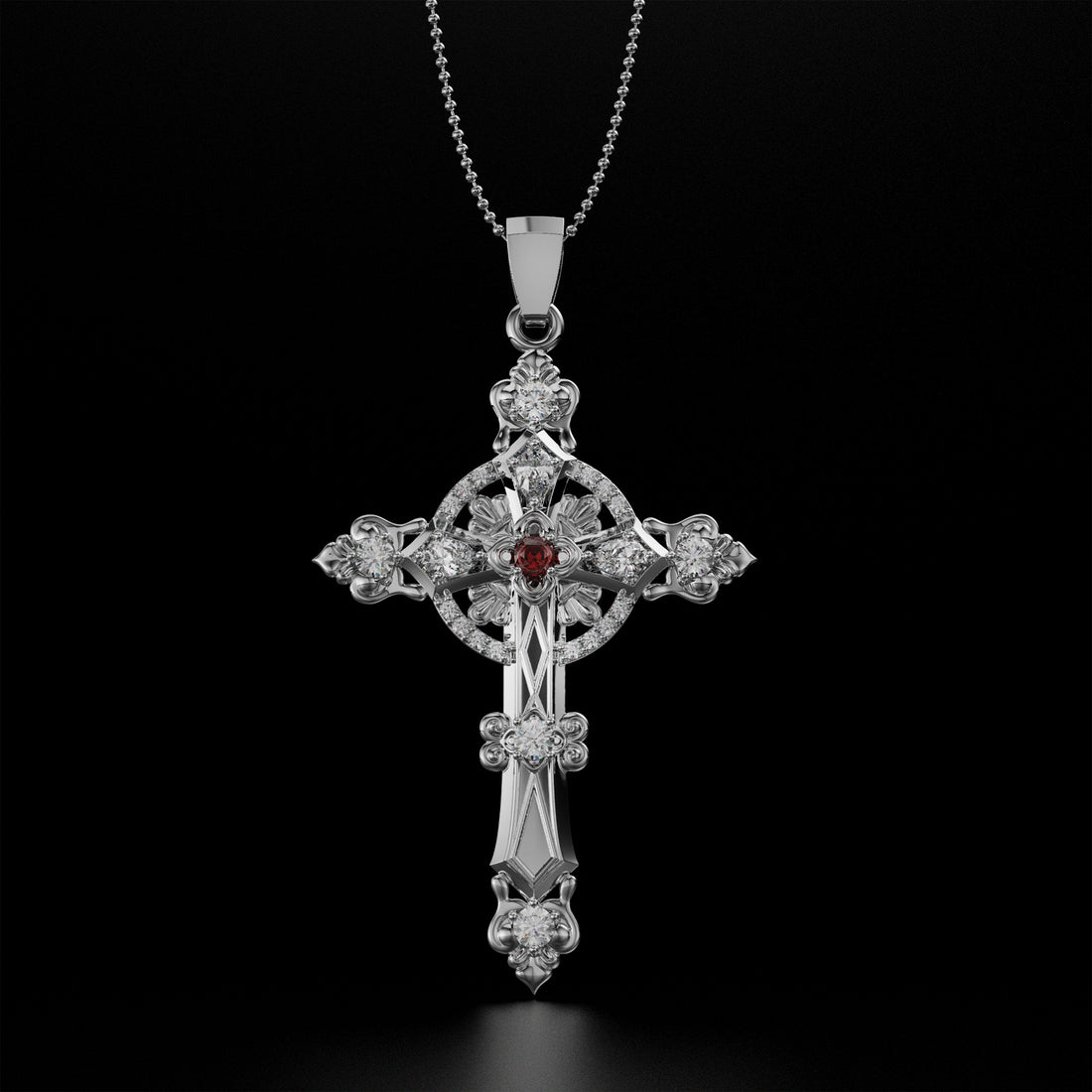 Ornate Cross Necklace with Diamonds and Central Ruby in Gold and Platinum, Zirconium Stones in Silver