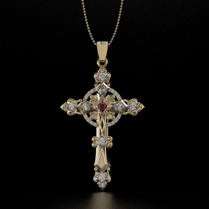 Ornate Cross Necklace with Diamonds and Central Ruby in Gold and Platinum, Zirconium Stones in Silver