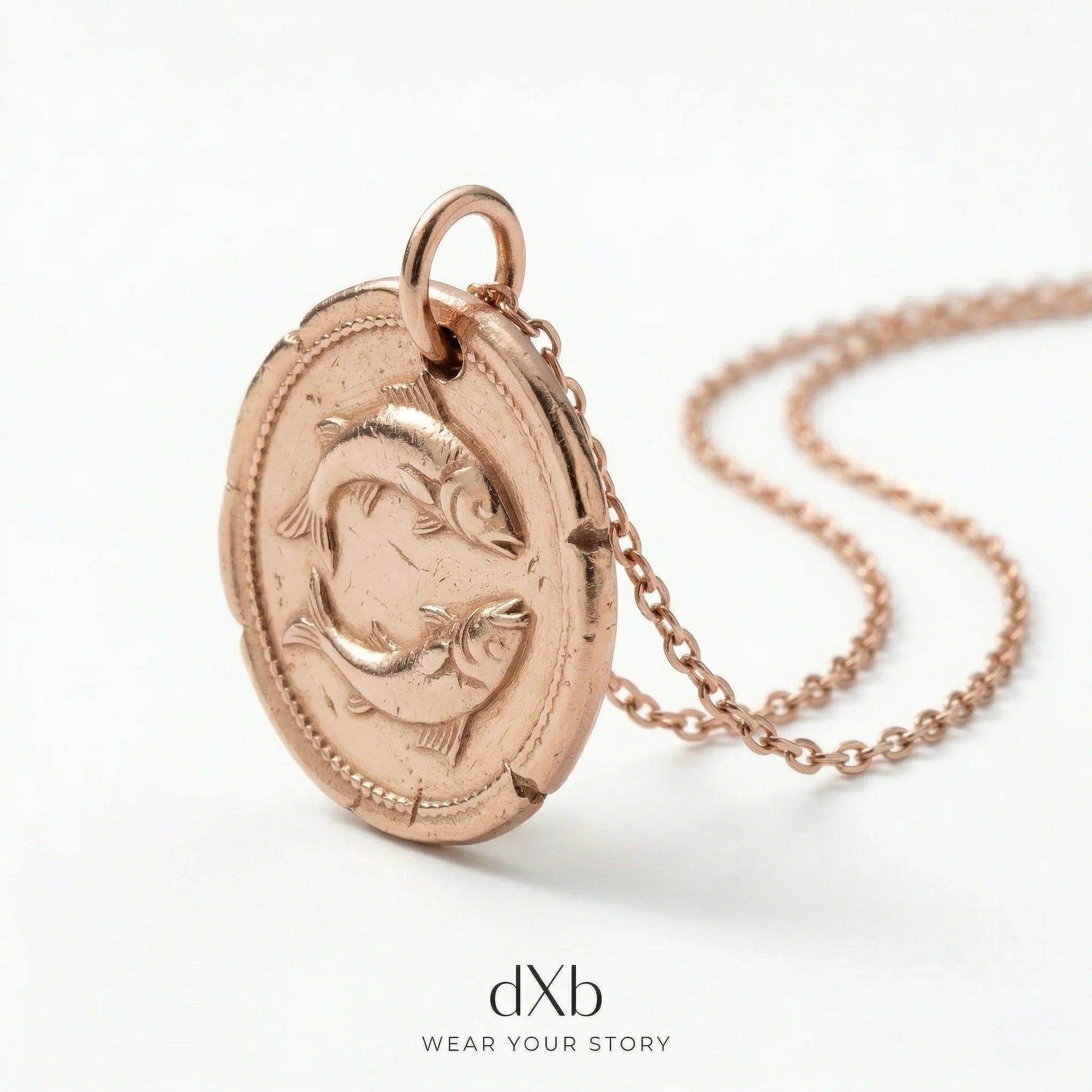 14k rose gold Pisces zodiac medallion, ancient coin style pendant