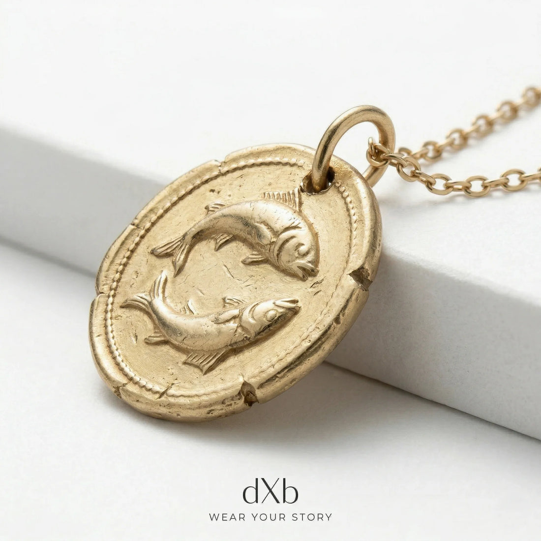 14k yellow gold Pisces zodiac medallion, ancient coin style pendant