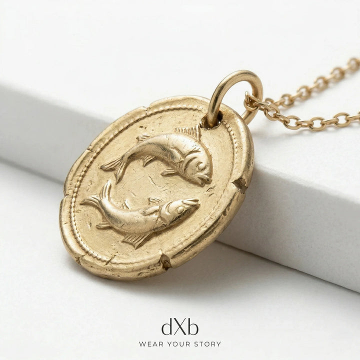 14k yellow gold Pisces zodiac medallion, ancient coin style pendant