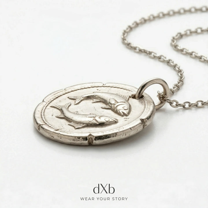 platinum Pisces zodiac medallion, ancient coin style pendant