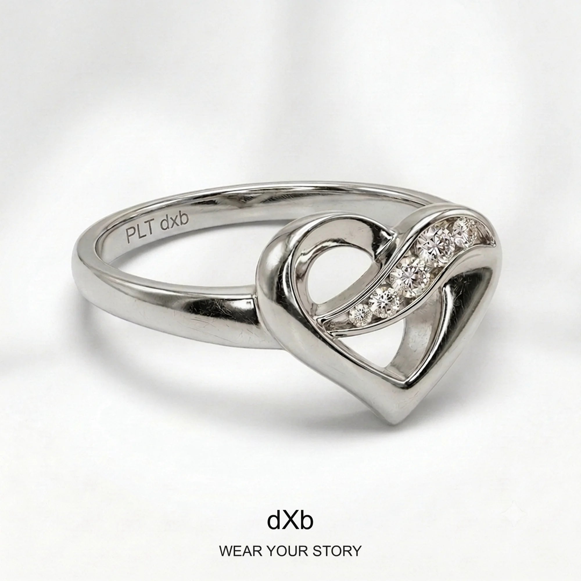 Platinum Heart Diamond Ring in High Polished Platinum, elevated front view