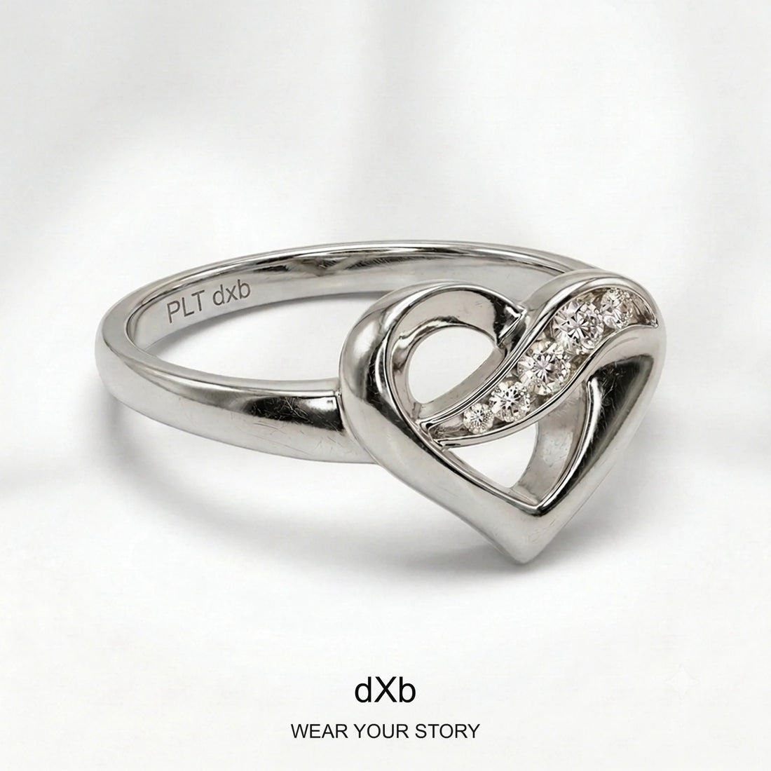 Platinum Heart Diamond Ring in High Polished Platinum, elevated front view