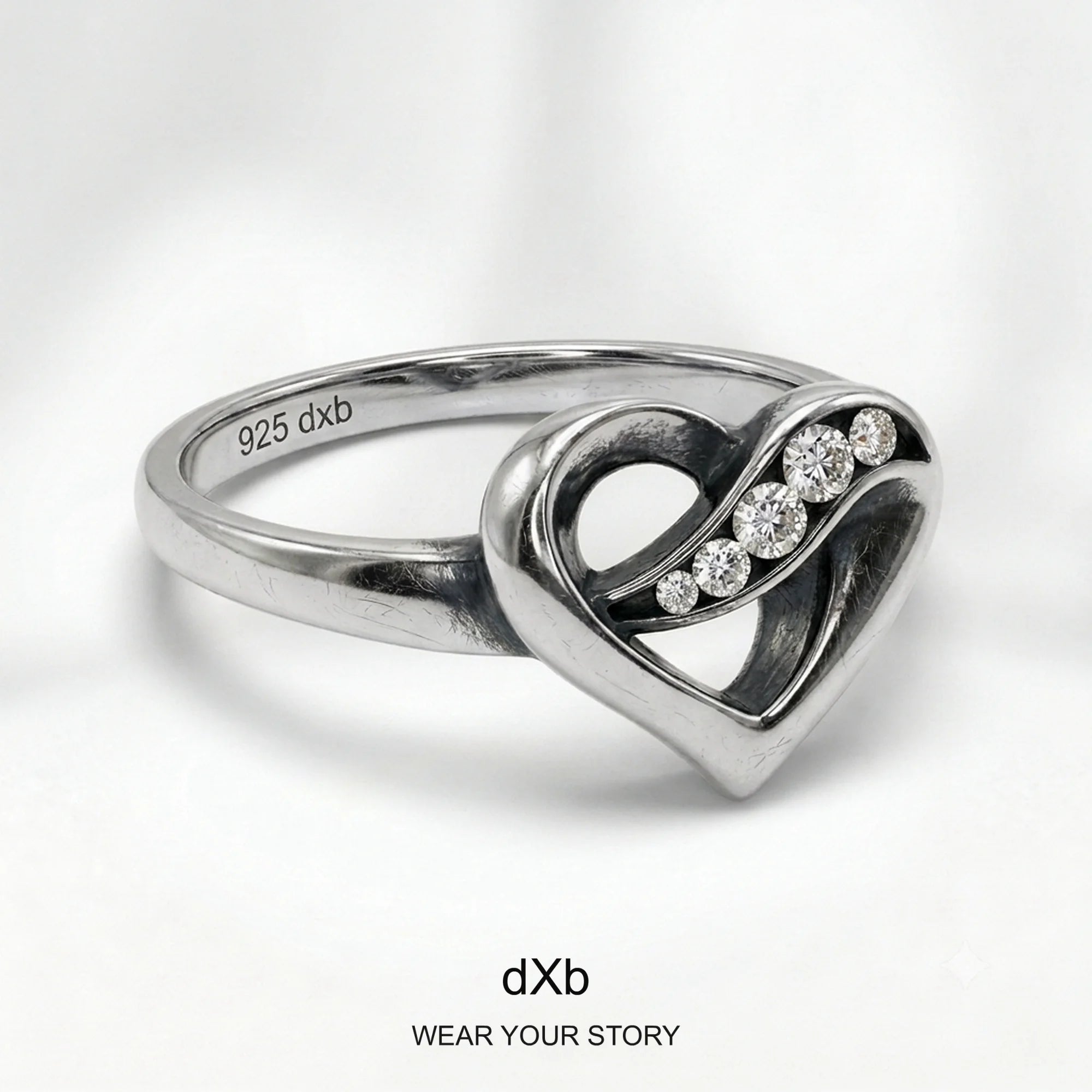 Platinum Heart Diamond Ring in High Polished Silver Oxidized, main view