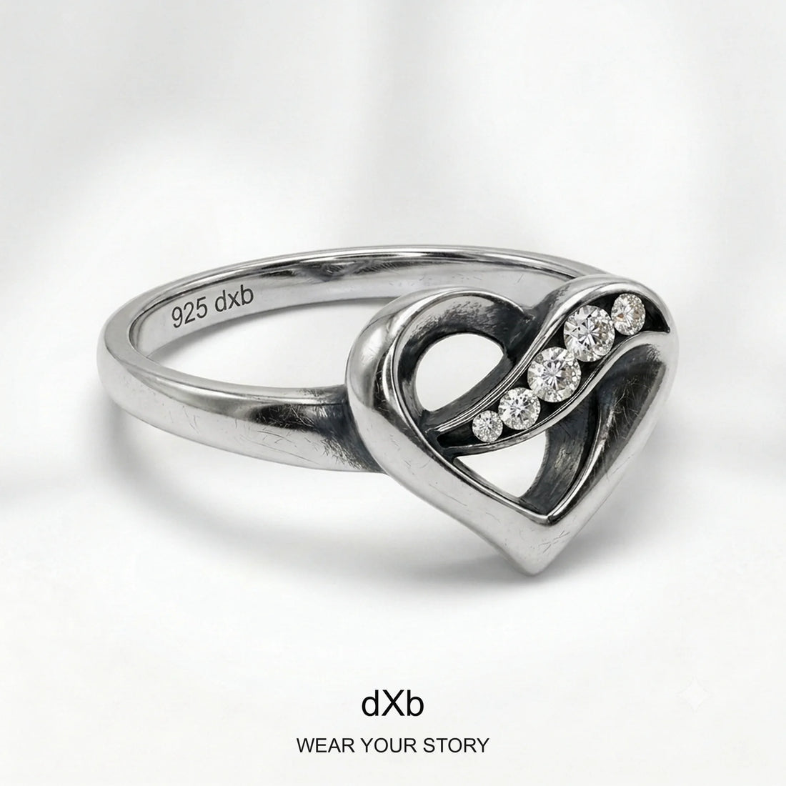 Platinum Heart Diamond Ring in High Polished Silver Oxidized, main view