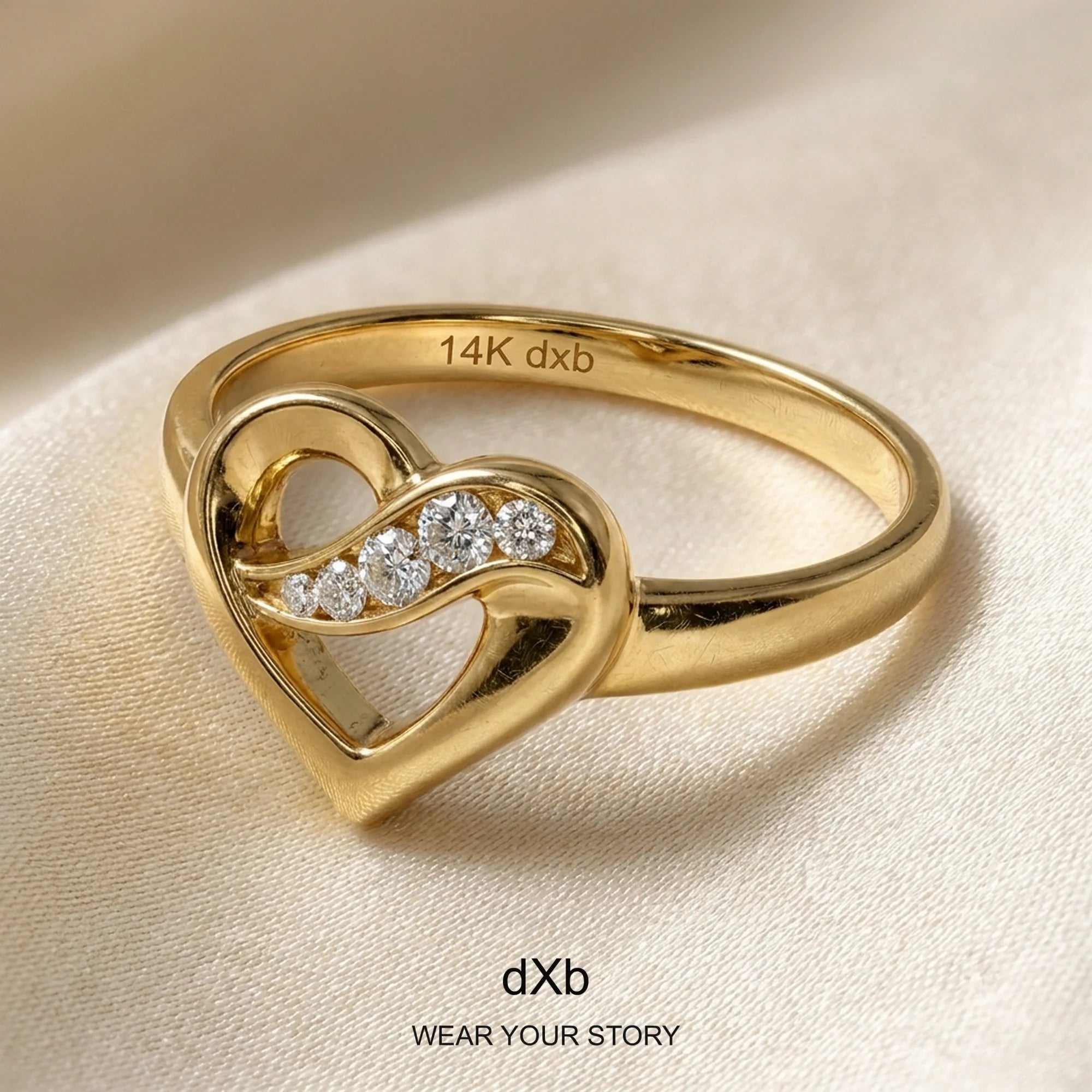Platinum Heart Diamond Ring in High Polished Yellow Gold, main view