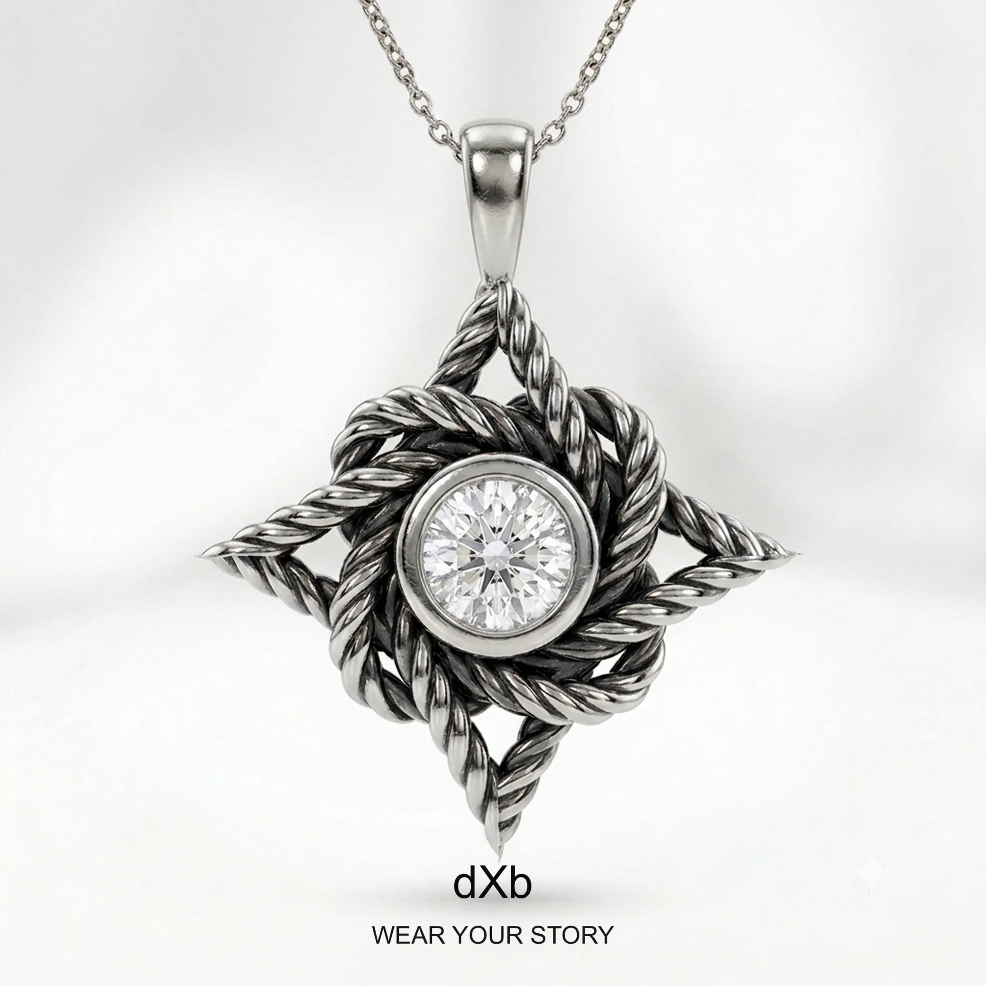 14k Yellow Gold Rope Knot Diamond Pendant in High Polished Silver Oxidized, main view