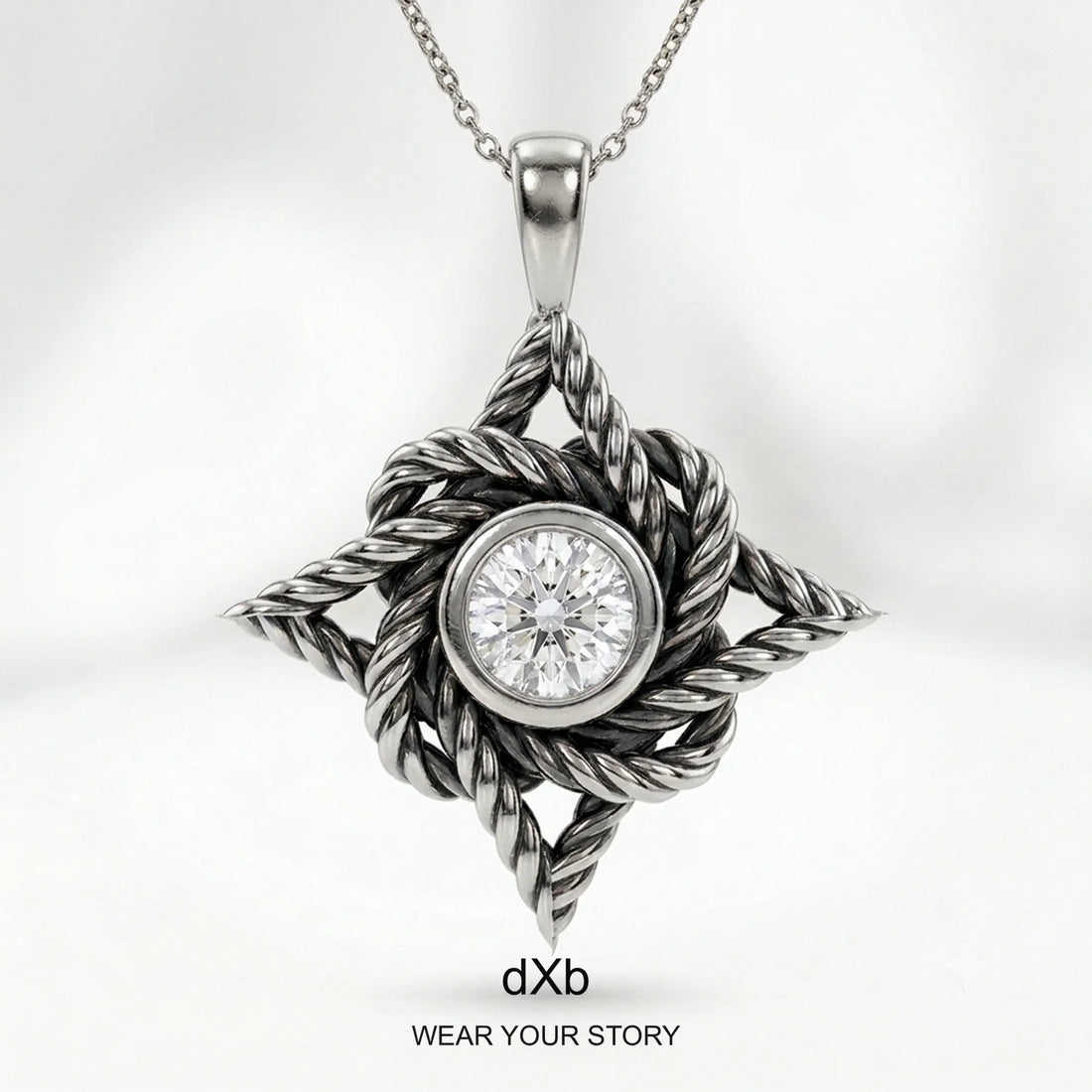 14k Yellow Gold Rope Knot Diamond Pendant in High Polished Silver Oxidized, main view