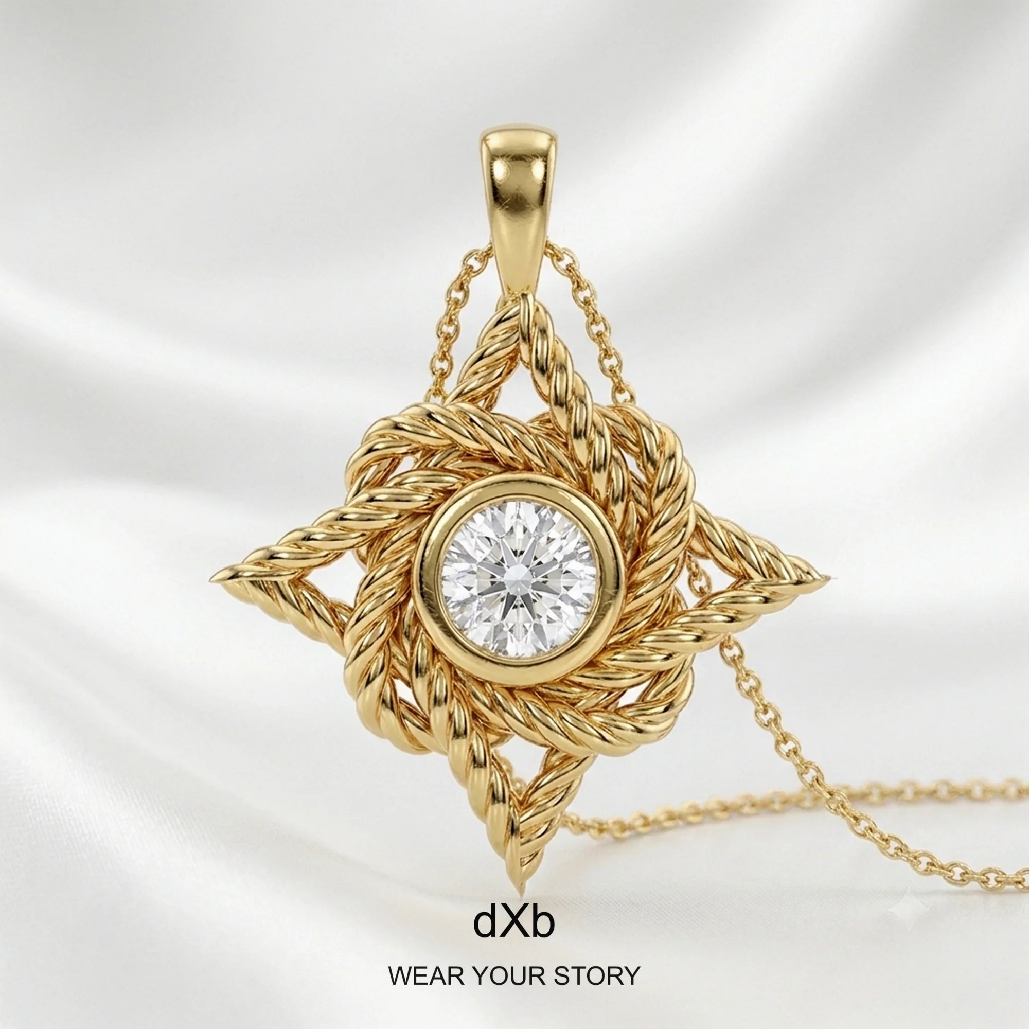 14k Yellow Gold Rope Knot Diamond Pendant in High Polished Yellow Gold, main view