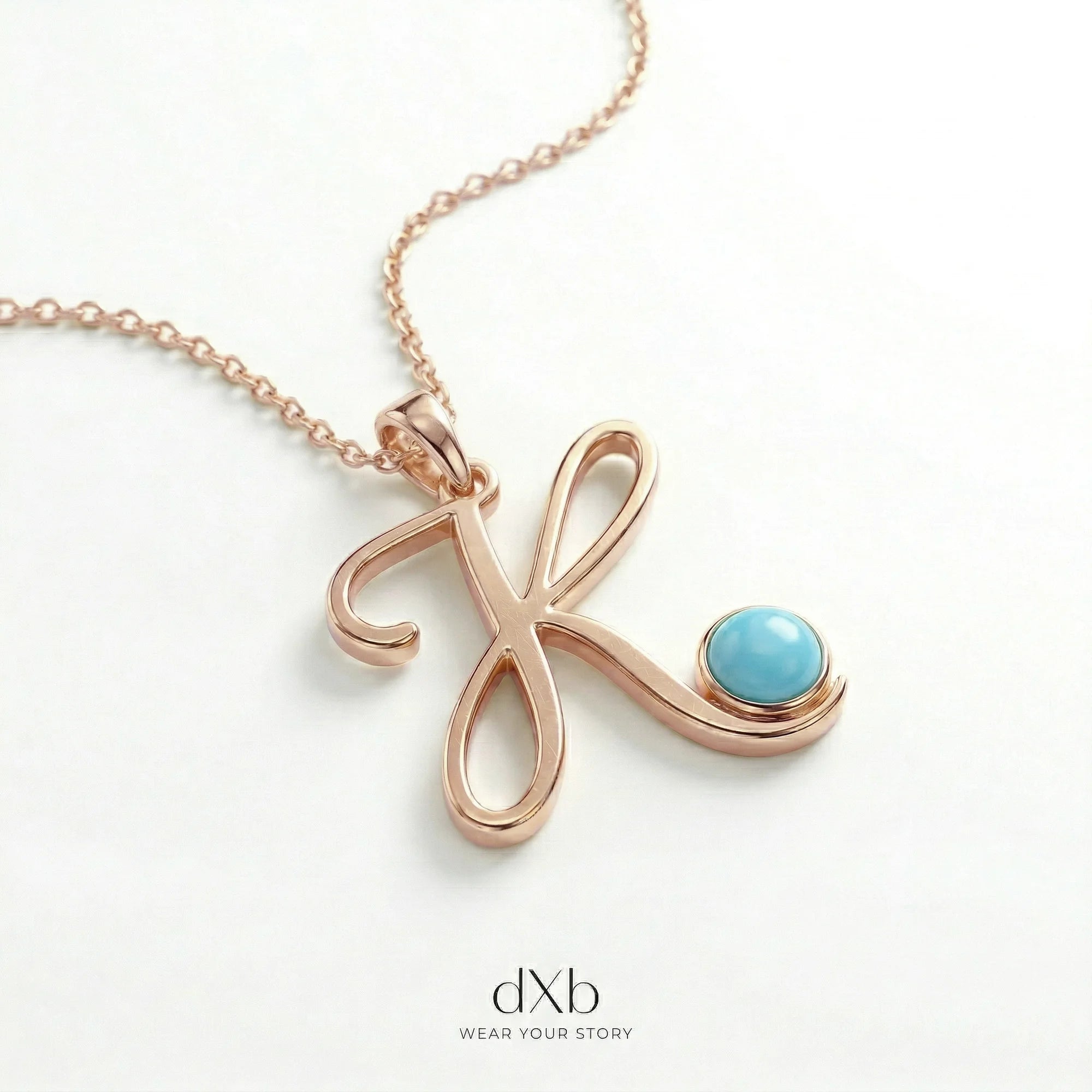 14k rose gold turquoise round initial letter script pendant