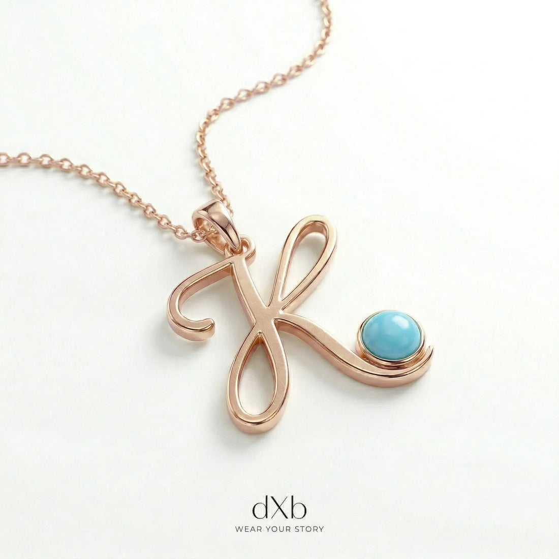 14k rose gold turquoise round initial letter script pendant