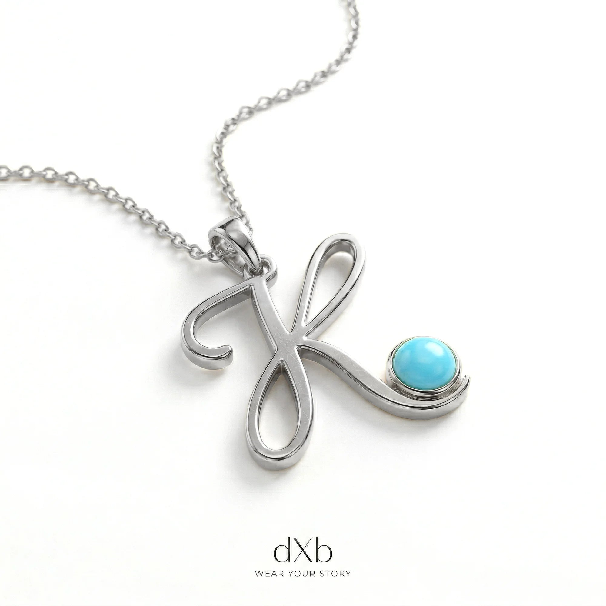 14k white gold turquoise round initial letter script pendant