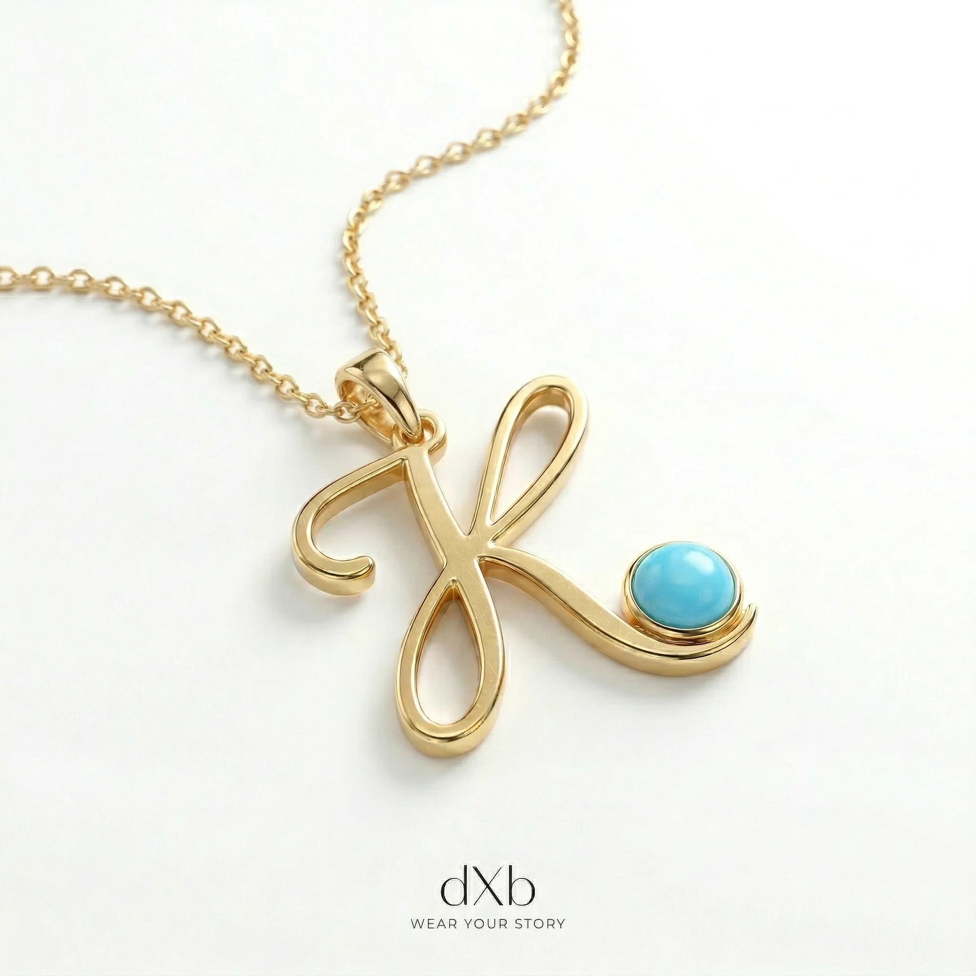 14k yellow gold turquoise round initial letter script pendant
