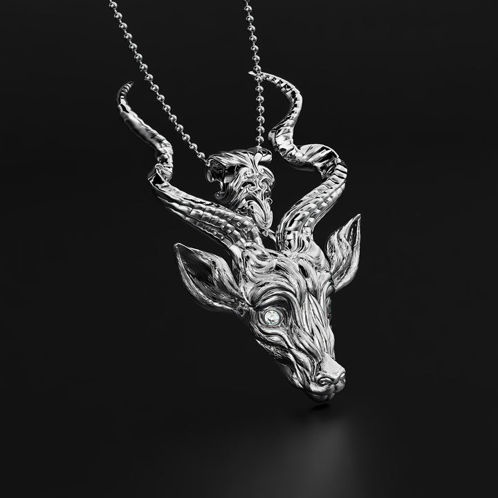 Silver Antelope Head Pendant with Intricate Design and Diamond Eyes