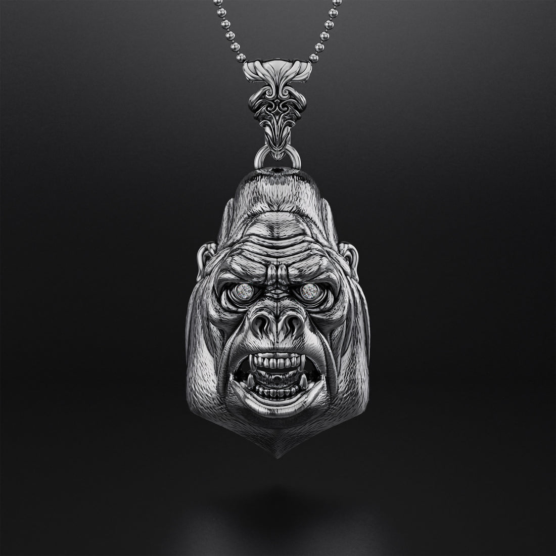 Gorilla Head Pendant with Diamond or Black Onyx Eyes, Silver Oxidized or Gold Satin Finish