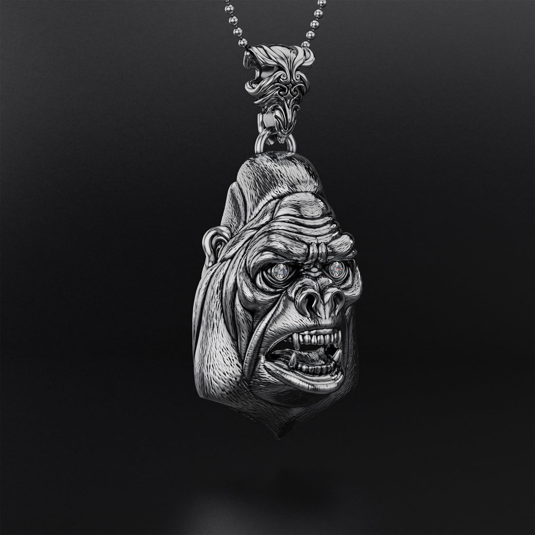 Gorilla Head Pendant with Diamond or Black Onyx Eyes, Silver Oxidized or Gold Satin Finish